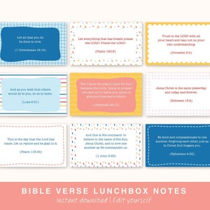 Op de afbeelding: Negen kleurrijke, afdrukbare kaarten met Bijbelteksten en hun bijbehorende boek- en hoofdstukverwijzingen. De kaarten zijn ontworpen voor lunchboxen en hebben verschillende patronen zoals stippen, strepen en ruitjespapier.