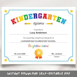 Kindergarten Diploma Urkunden Vorlage • Ausdruckbare Kindergarten Abschluss Urkunde • Bearbeitbare Kindergarten Abschluss Feier