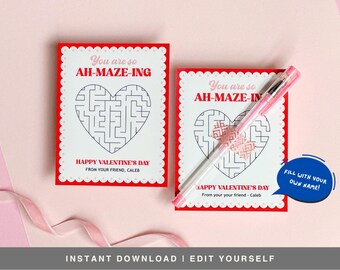 Maze Valentine Cards Instant Download | AH-MAZE-ING Valentine Cards with Editable Name | Classroom Valentine Printable