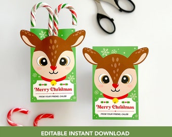 Portacandele di zucchero a forma di renna stampabile / Portacandele di zucchero personalizzato / Stampabile di Natale / Regalo di Natale per la classe