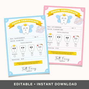 Personalised Tooth Fairy Certificate for First Lost Tooth • Tooth Fairy Receipt Editable PDF • Printable Tooth Fairy Digital Download