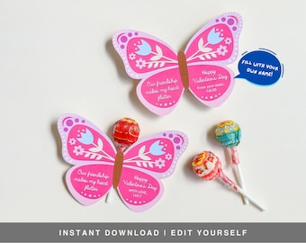Butterfly Valentine Lollipop Wrap Digital Download | EDITABLE | Printable Classroom Valentine Lollipop Holder | Kids Valentine Party Favor