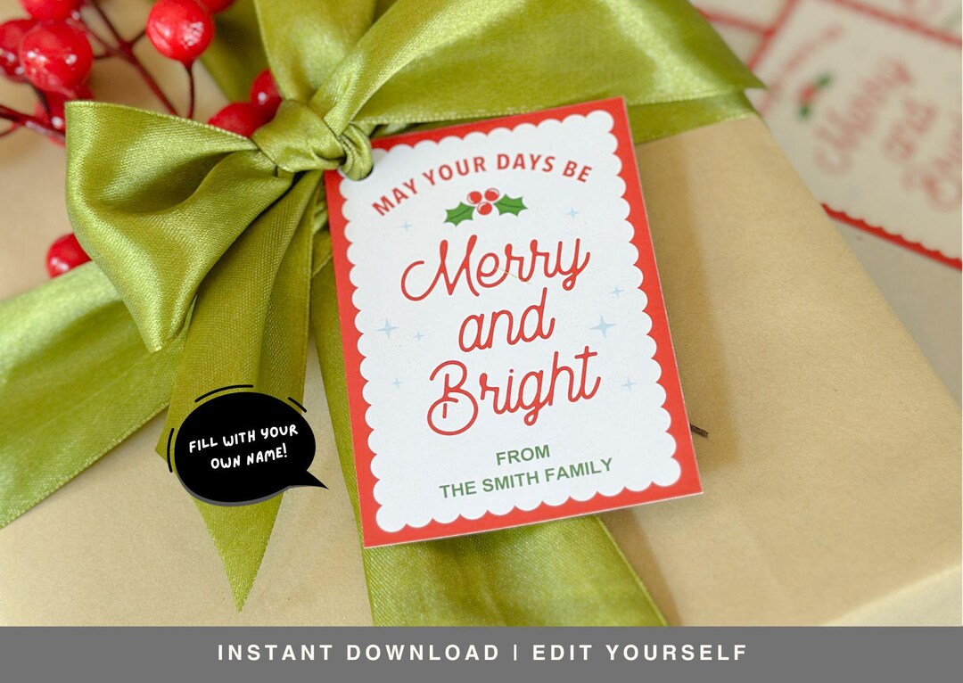 Christmas Gift Tag Printable | Instant Download Merry and Bright Gift ...
