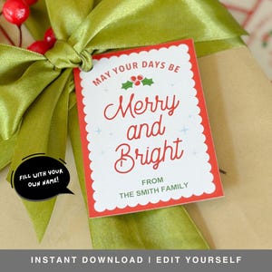 Christmas Gift Tag Printable | Instant Download Merry and Bright Gift Tag | Editable Christmas Gift Tag | Party Favor Tag