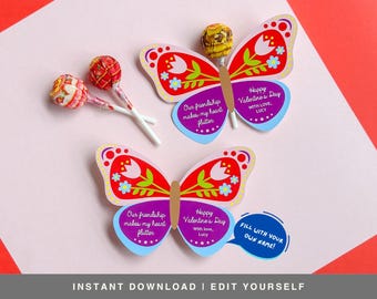 Butterfly Valentine Lollipop Wrap Digital Download | EDITABLE | Printable Classroom Valentine Lollipop Holder | Kids Valentine Party Favor