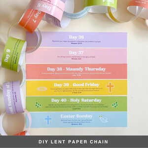 May include: DIY Lent paper chain with colourful rings, each with a different day of Lent and a corresponding Bible verse. The chain includes days 7, 9, 35, 36, 37, 38, 39, 40, and Easter Sunday.