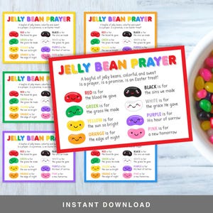 May include: Printable Easter activity for kids featuring a colourful jelly bean prayer. The printable includes a list of jelly bean colours and their corresponding meanings, such as red for the blood He gave, green for the grass He made, and yellow for the sun so bright. The printable also includes the text "JELLY BEAN PRAYER" at the top.