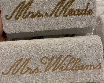 Monogram beaded bridal clutch bag, customized Mrs wedding purse, bride gift, bridesmaid gift, bride evening engagement clutch, shower gift