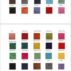 May include: A chart displaying 36 fabric swatches, each with a unique colour and pattern. The swatches are arranged in a grid, with the names of each colour and pattern listed below each swatch. The colours include silver, ivory, white, coffee, new taupe, bronze, pewter, gun, dark navy, turquoise, light blue, fuchsia, emerald, dark orange, periwinkle, red, pink, metallic red, metallic orange, metallic lime, metallic fuchsia, metallic emerald, metallic teal, metallic yellow, metallic royal, opaque red, opaque green, opaque fuchsia, opaque sea foam, opaque turquoise, opaque yellow, black, navy, dark new taupe, grey, purple, olive camo, silver camo, multi, coral, and leopard.
