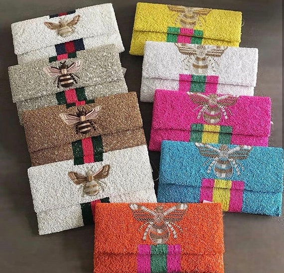 monogram beaded clutch