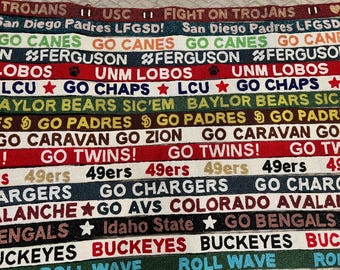 May include: A close-up of a fabric with various team names and phrases embroidered in different colors. The phrases include "GO CANES", "GO TWINS", "49ers", and "GO CHARGERS".