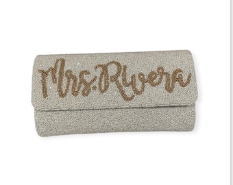 bride clutch, customized beaded wedding monogram personalized purse, bridesmaids gift bag, bachelorette party, beaded white name,clutches