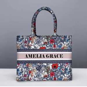 Custom small floral canvas beach tote bag, monogram personalized bridal honeymoon handbags shoulder jute Bridesmaid gift, summer bag spring