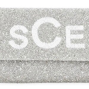 May include: A silver beaded clutch with the letters "SCE" in white.
