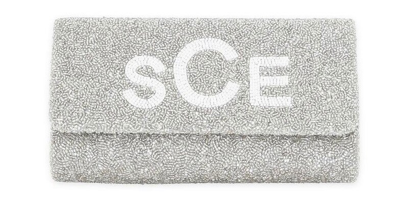 May include: A silver beaded clutch with the letters "SCE" in white.