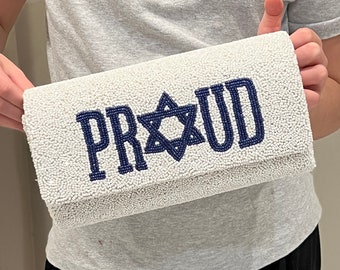 Custom beaded Israel proud jew, flag clutch,Jewish star, am yisrael chai, hostage bring them home bag,pride,  gift, stand United with Israel