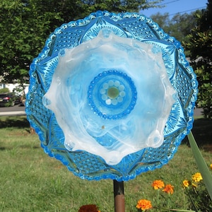 garden art glass flower hand crafted, aqua, white, made with vintage glass upcycled ornament