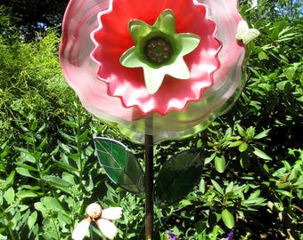 vintage glass garden art flower, outdoor ornaments upcycled, pink and green 12-inch diameter