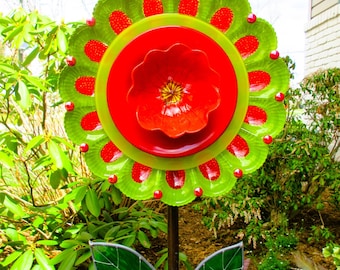 Garden art glass flower upcycled vintage glass, green, red painted egg plate