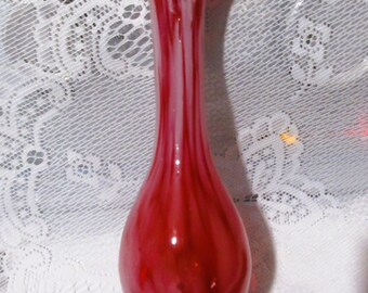 Hand Blown Art Glass Bud Vase, Red White Ruffled Top Home Decor