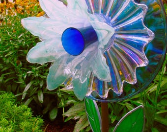 Upcycled Murano Glass Flower Garden Art, Blue Green Handcrafted Outdoor Accent ,11 inch