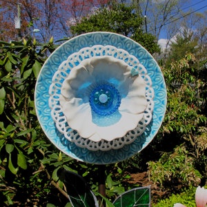 glass garden art, garden gift, plate flowers, yard art, outdoor decor, garden ornament, garden ornaments, glass art,  aqua flower upcycled