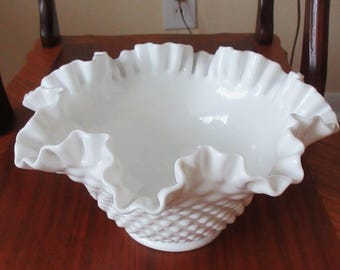 Fenton Glass Co milk glass double ruffled hobnail bowl, width 8.50" x height 4.50