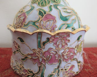 Cloisonné floral round enameled trinket box topped rose, porcelain boudoir accent, mint condition