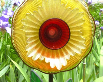 Vintage Glass Garden Art Flower red gold white, Tequila Sunrise Yard Ornament 10 inch