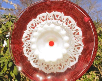 Red, Clear & Milk Glass Garden Art Flower: Upcycled Ornament repurposed vintage glass yard decoration.