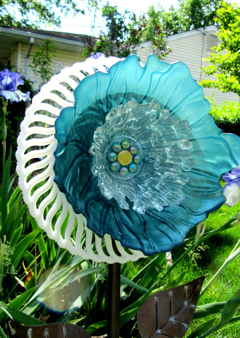 Yard art glass plate flower upcycled art garden arthome | Etsy