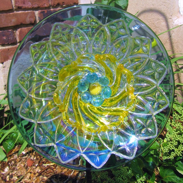 Glass plate flower,art glass, garden art sculpture, glass art, yard art, Aqua, blue, yellow, vintage glass, glass art, upcycled glass