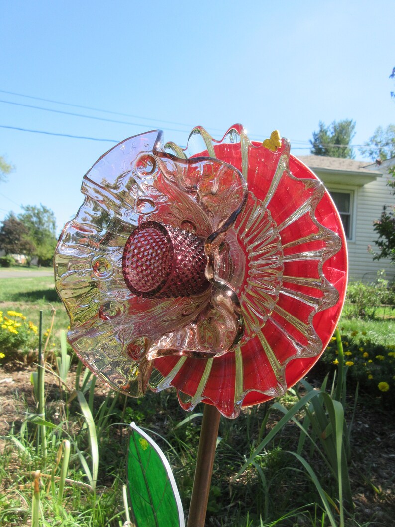 Plate Flower Glass Yard Art Flower Garden Ornament Etsy