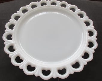 Milk glass Vintage Anchor Hocking Cake plate Old Colony Lace edged 13"