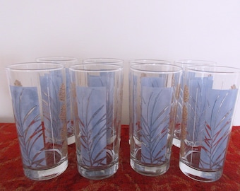 Libby glasses set of 8, vintage pinecones & fronds pattern, grayish blue and beige 12oz.