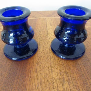 cobalt blue glass candle holders set of two 2.23 inch footed. holds vintage taper candles Colored glass colletion