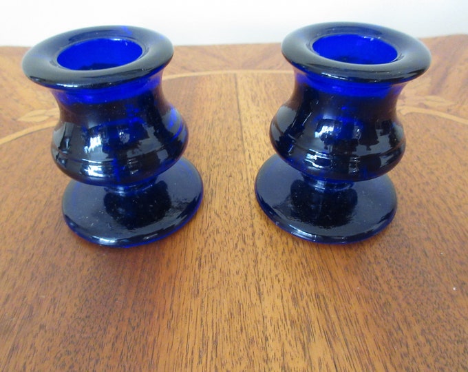 Cobalt Blue Glass Candle Holders Set of Two 2.23 Inch Footed. Holds