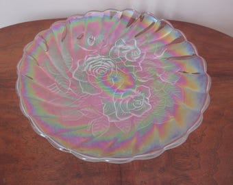 Old Roses crystal iridescent large serving platter low bowl elegant vintage mint condition