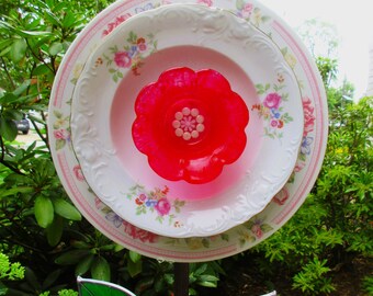 Upcycled China Dish Flower Garden Art – Pink Glass Center, 10-Inch Ornament