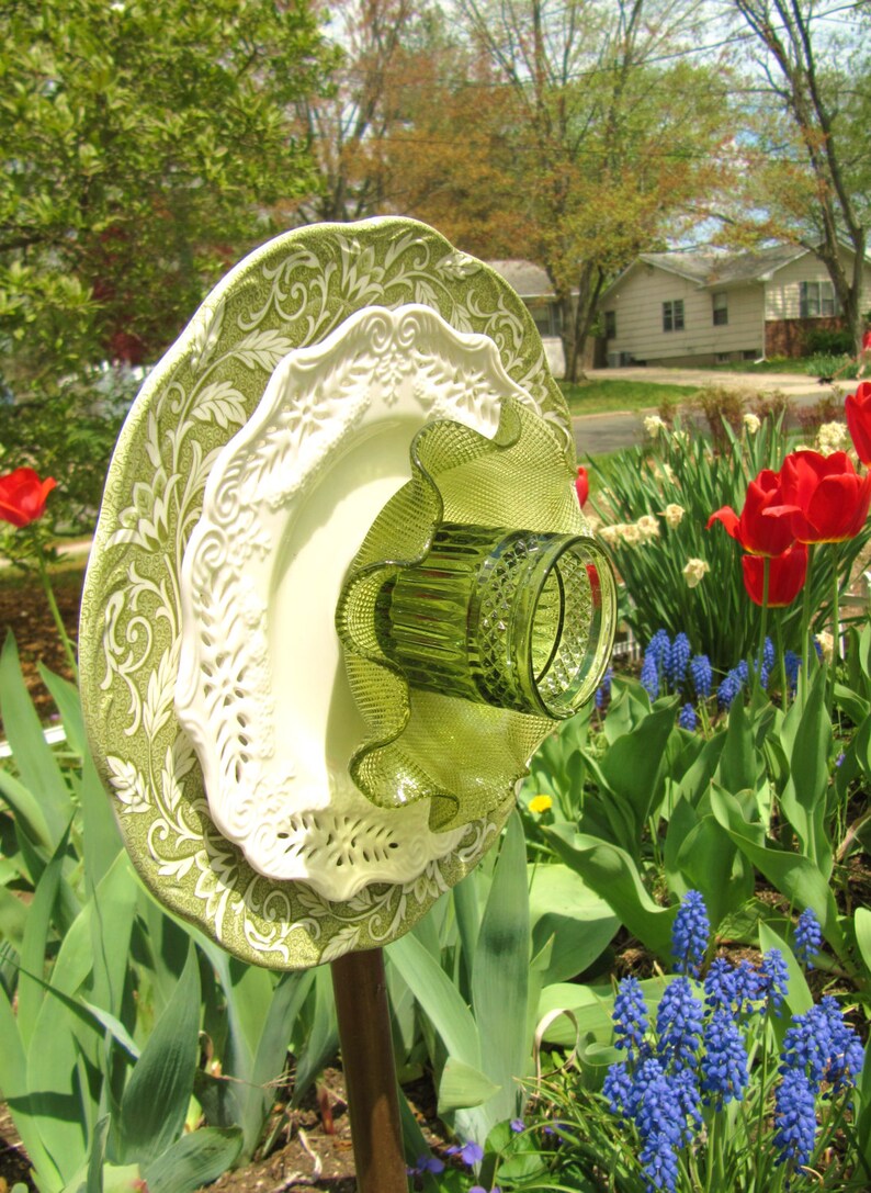 Garden art garden gift glass plate flower repurposed glass Etsy