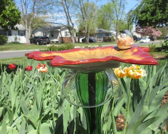 Birdfeeder garden art gold, burgundy, upcycled glass and ceramic leaf plate to stake outdoors