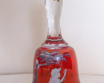 Westmoreland glass red bell ringer, original stamp and gold foil sticker hand painted mint