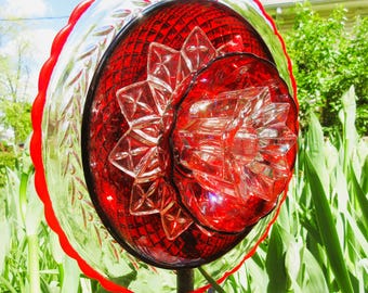Upcycled Red Glass Flower Garden Art: Vintage Crystal Decor (10-inch)