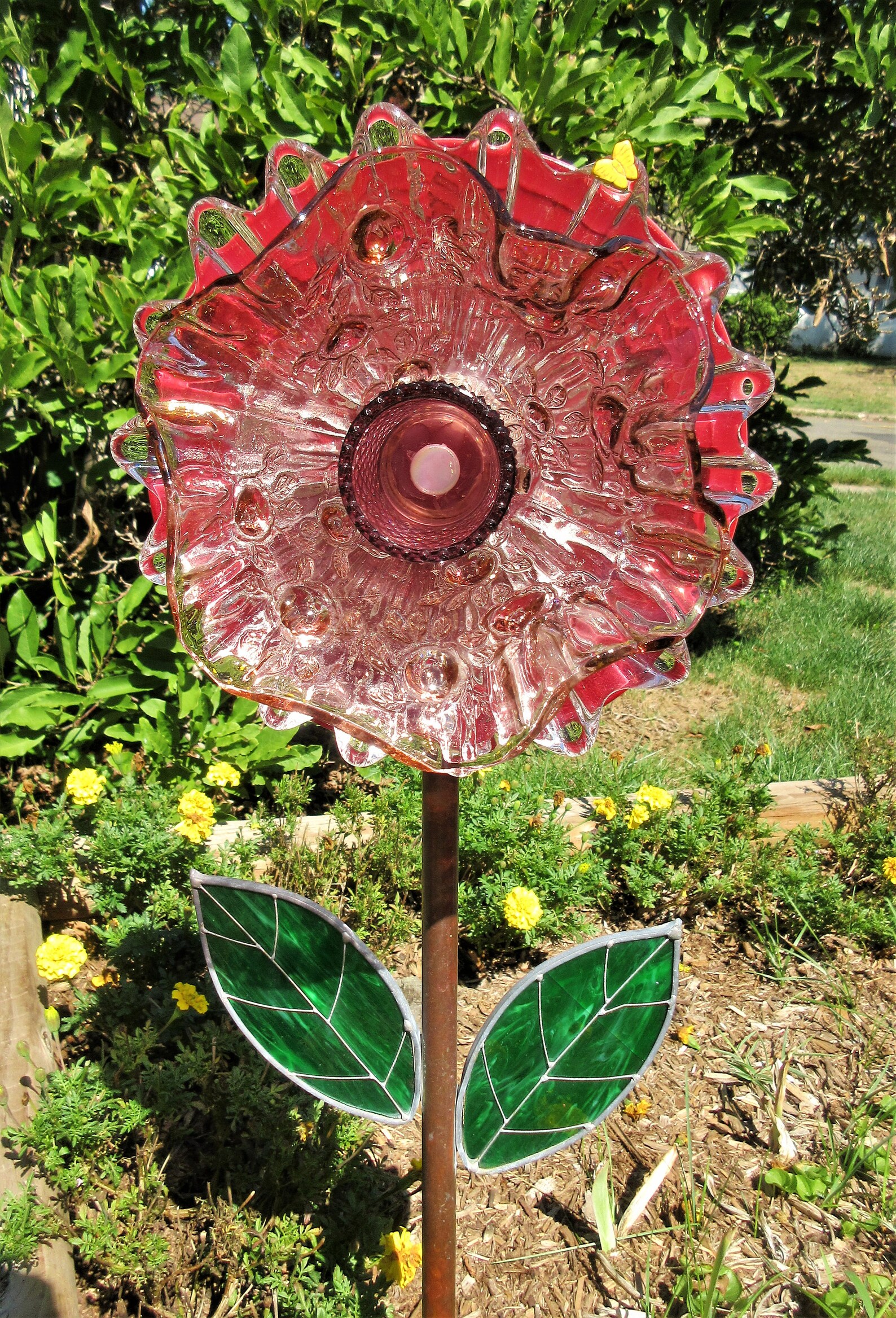 Plate Flower Glass Yard Art Flower Garden Ornament Etsy
