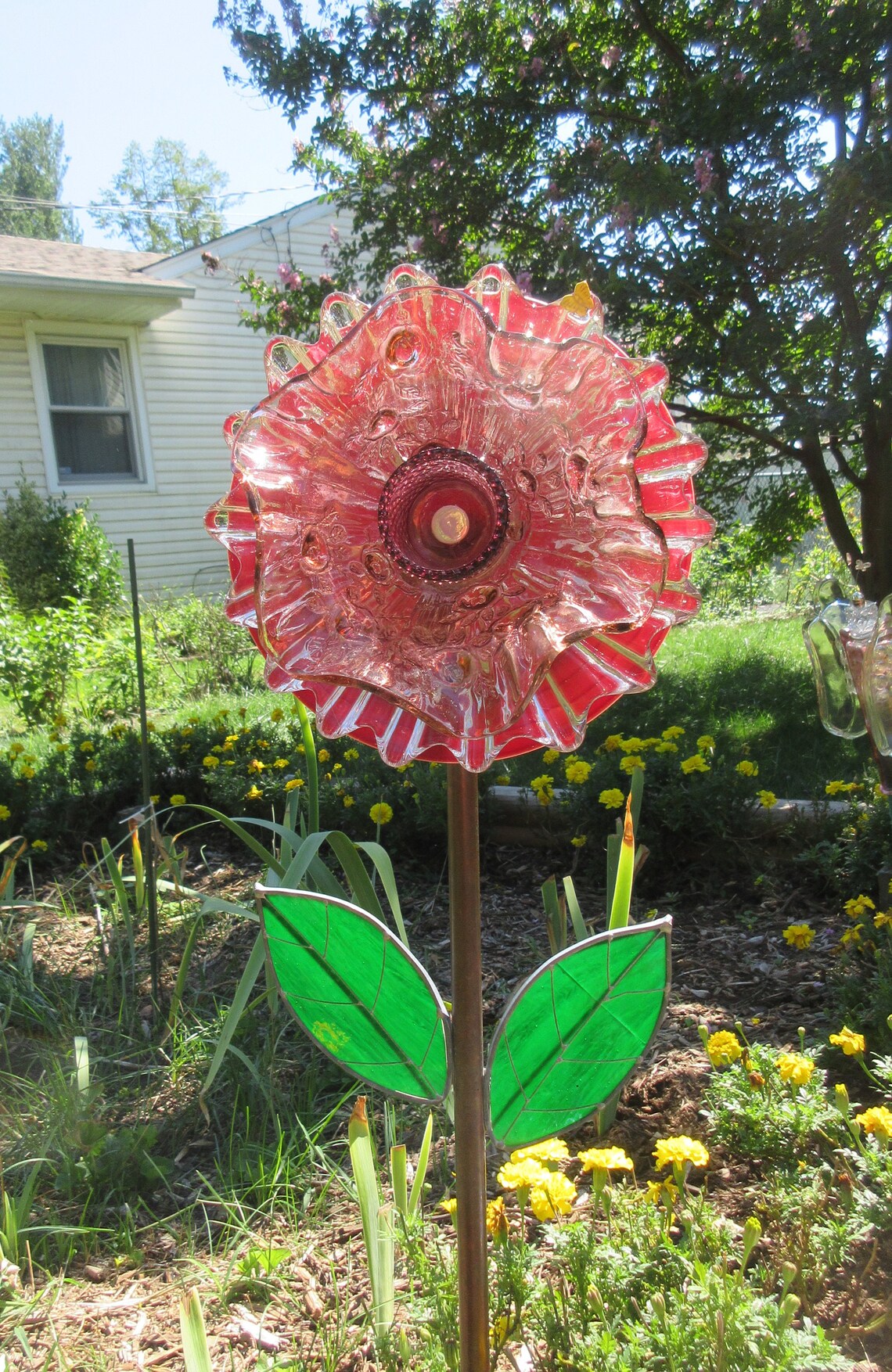 Plate Flower Glass Yard Art Flower Garden Ornament Etsy