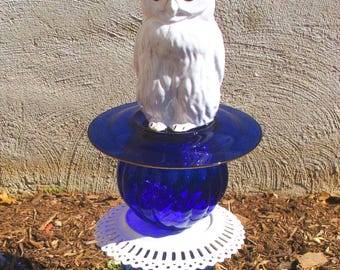 Tall white Owl totem ornament for garden display upcycled glass and ceramics Garden whimsey!