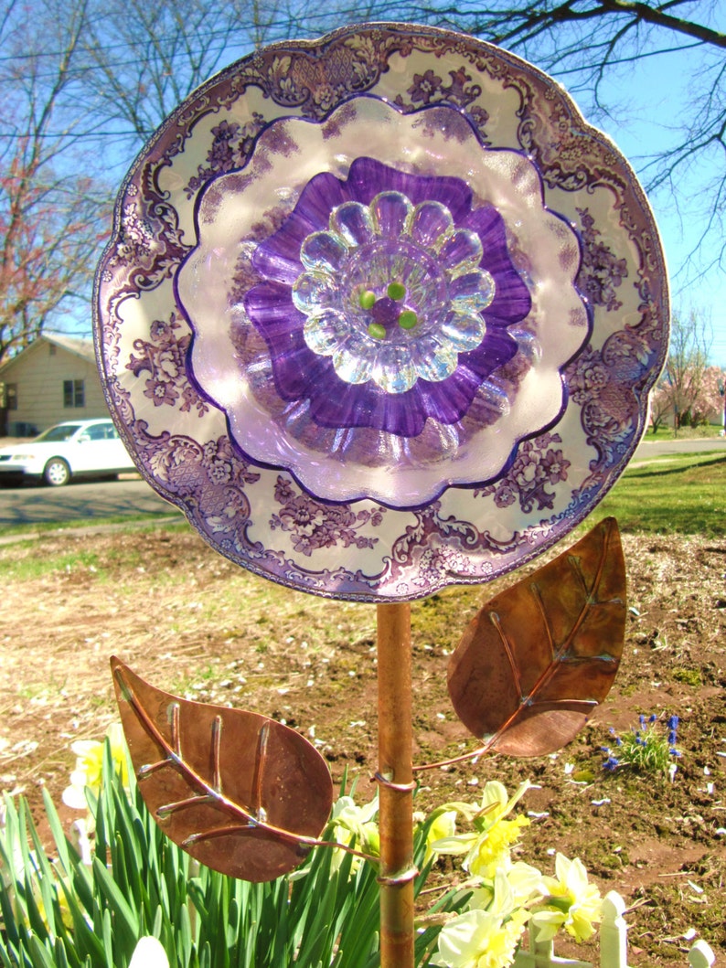 Vintage glass plate floweryard art repurposed glass Etsy