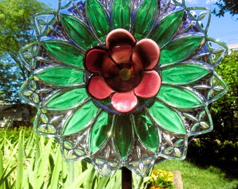 Glass garden art flower purple, green, clear vintage glass outdoor ornament upcycled 11"
