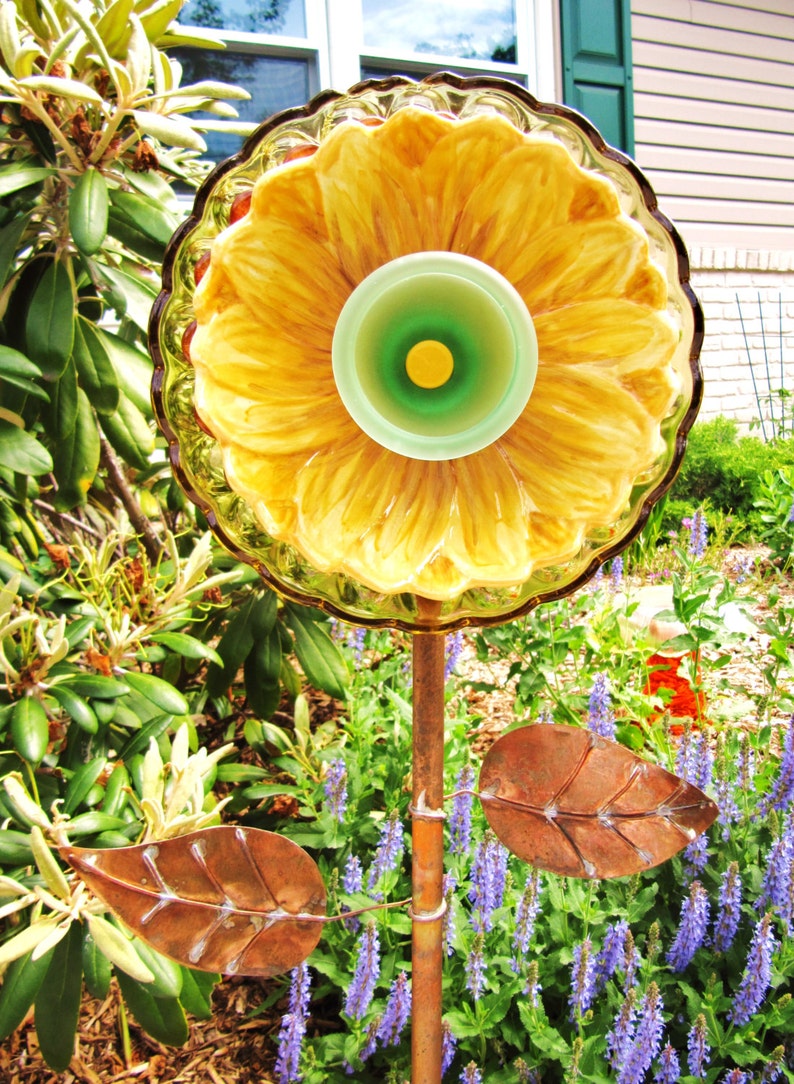 Glass garden flower yard art flower plate upcycled glass Etsy