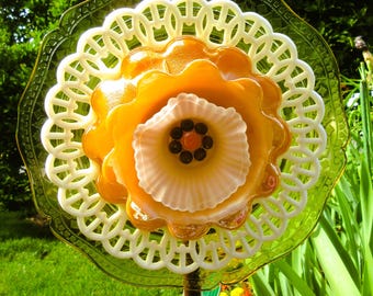 Upcycled Glass Garden Flower Art, Gold White Yellow Ornament